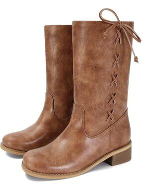Women's Tan Wide Lace up Chunky Low Heel Booties Comfortable Round Toe Boots
